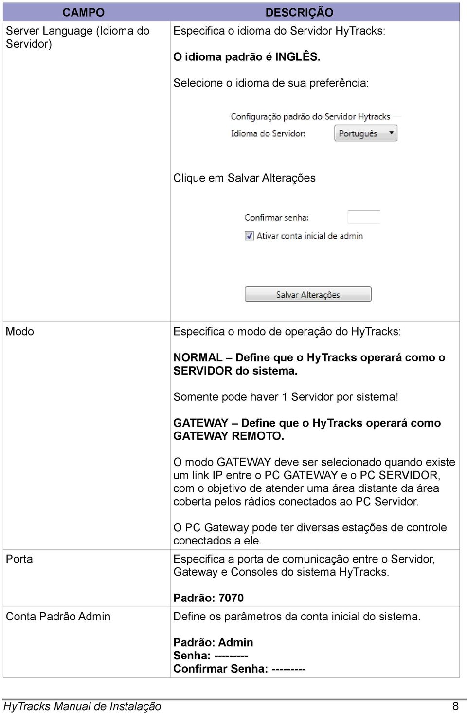 Somente pode haver 1 Servidor por sistema! GATEWAY Define que o HyTracks operará como GATEWAY REMOTO.