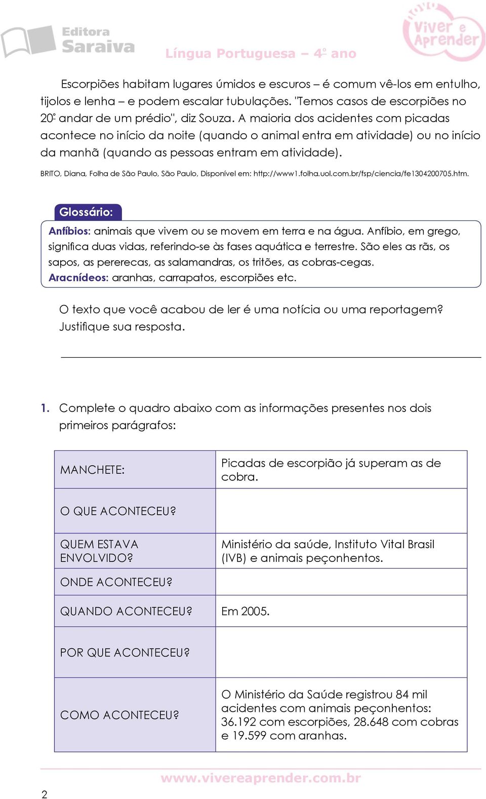 BRITO, Diana, Folha de São Paulo, São Paulo, Disponível em: http://www1.folha.uol.com.br/fsp/ciencia/fe1304200705.htm. Glossário: Anfíbios: animais que vivem ou se movem em terra e na água.