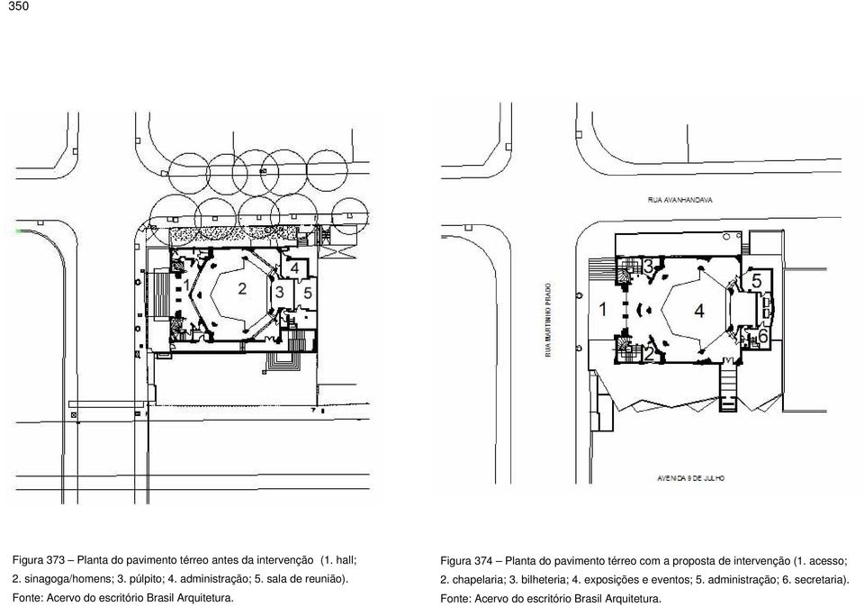 Figura 374 Planta do pavimento térreo com a proposta de intervenção (1. acesso; 2. chapelaria; 3.