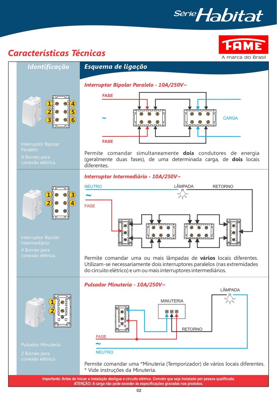 Interruptor Intermediário - 0A/250V~ 3 2 4 FAE RETORNO Interruptor Bipolar Intermediário: 4 Bornes para Permite comandar uma ou mais lâmpadas de vários locais diferentes.