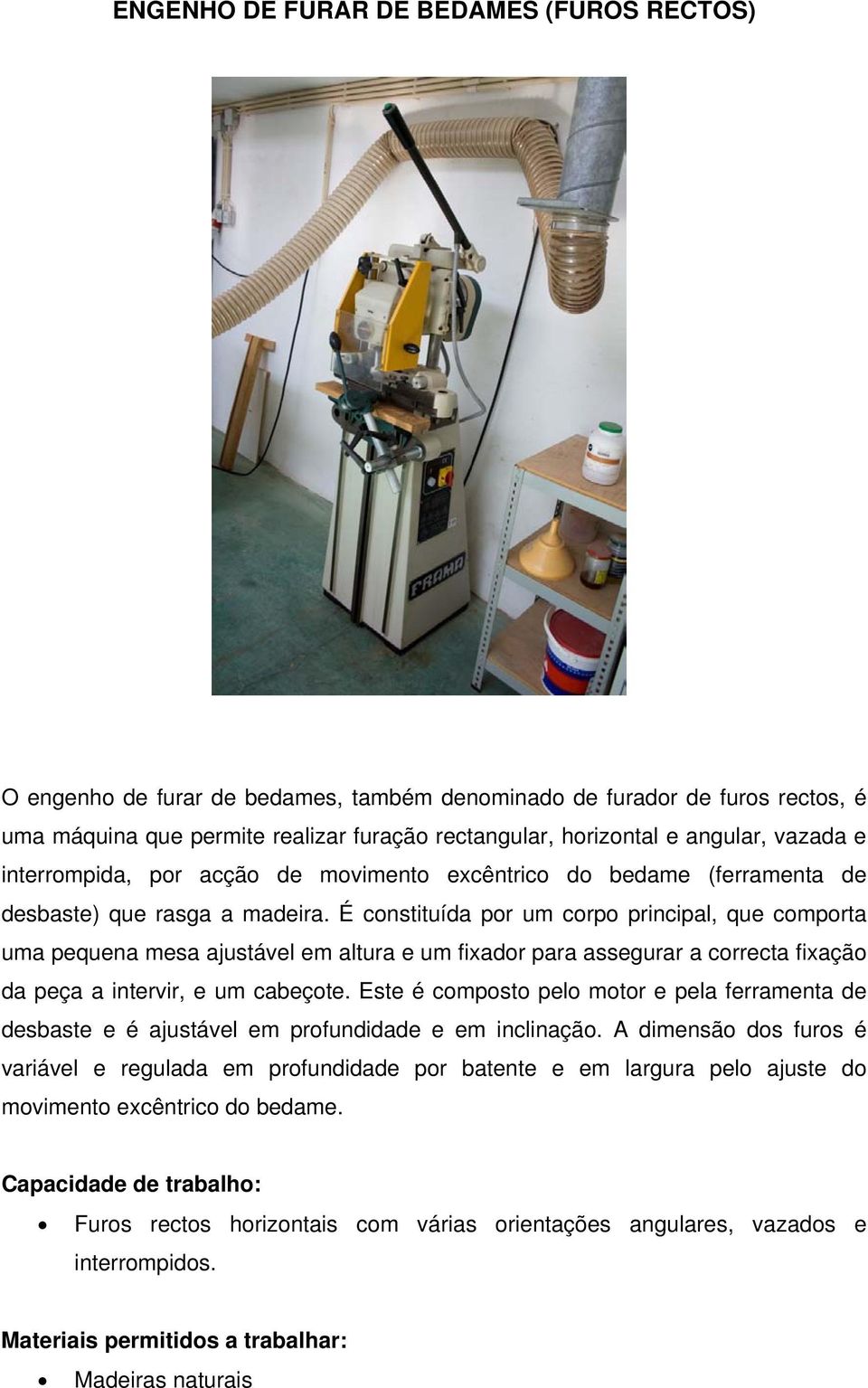 É constituída por um corpo principal, que comporta uma pequena mesa ajustável em altura e um fixador para assegurar a correcta fixação da peça a intervir, e um cabeçote.