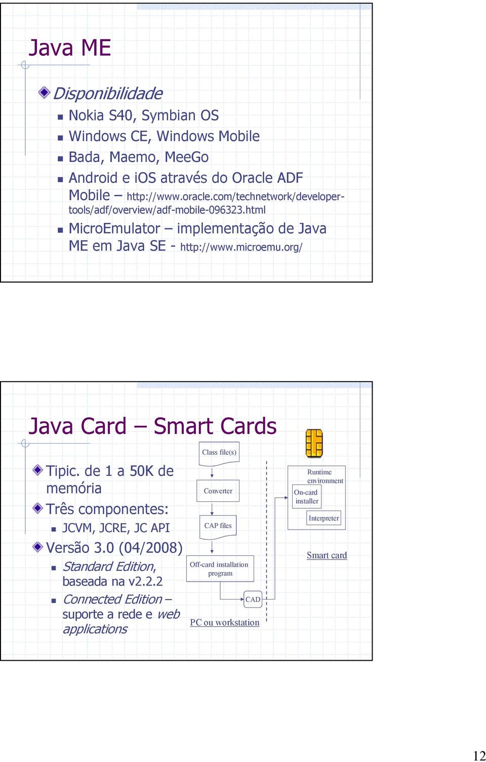 org/ Java Card Smart Cards Class file(s) Tipic. de 1 a 50K de memória Três componentes: JCVM, JCRE, JC API Versão 3.0 (04/2008) Standard Edition, baseada na v2.