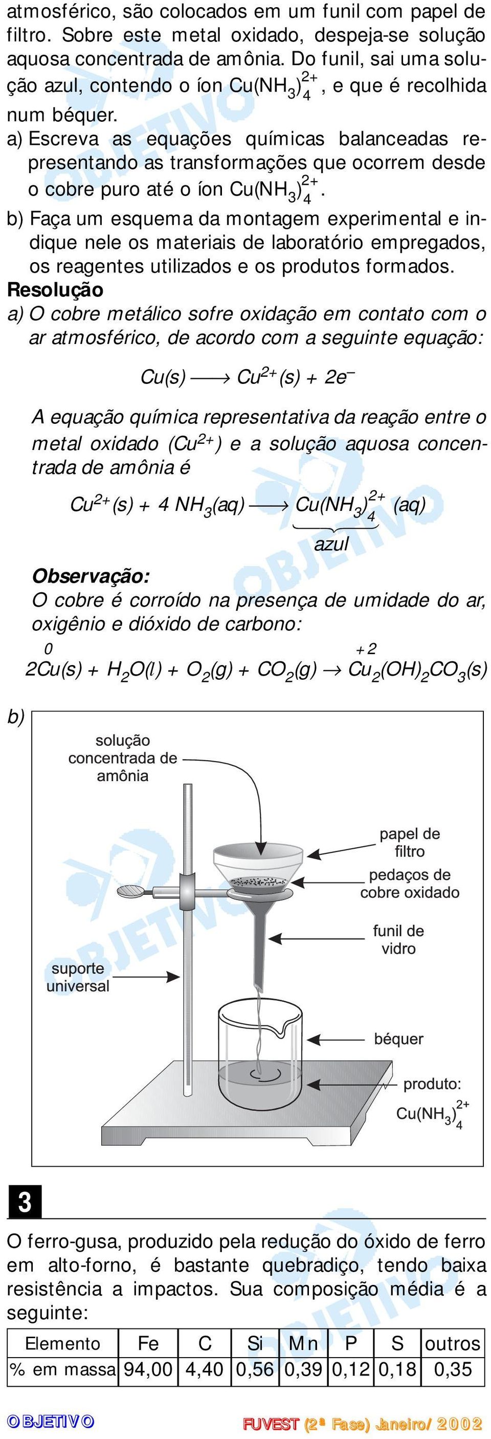 a) Escreva as equações químicas balanceadas representando as transformações que ocorrem desde o cobre puro até o íon u( 3 ) 2+ 4.