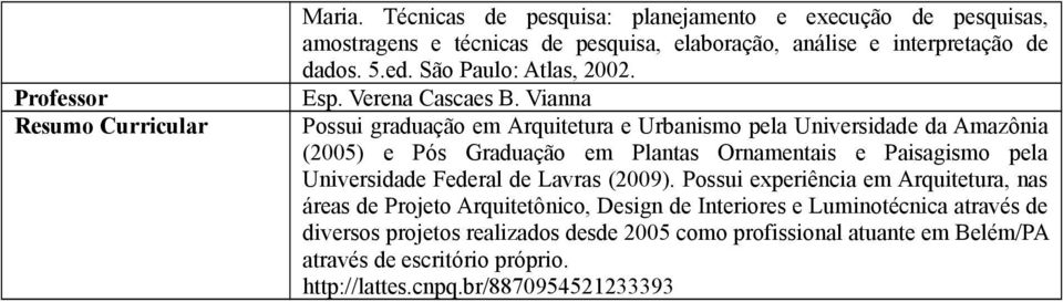 Vianna Possui graduação em Arquitetura e Urbanismo pela Universidade da Amazônia (2005) e Pós Graduação em Plantas Ornamentais e Paisagismo pela Universidade