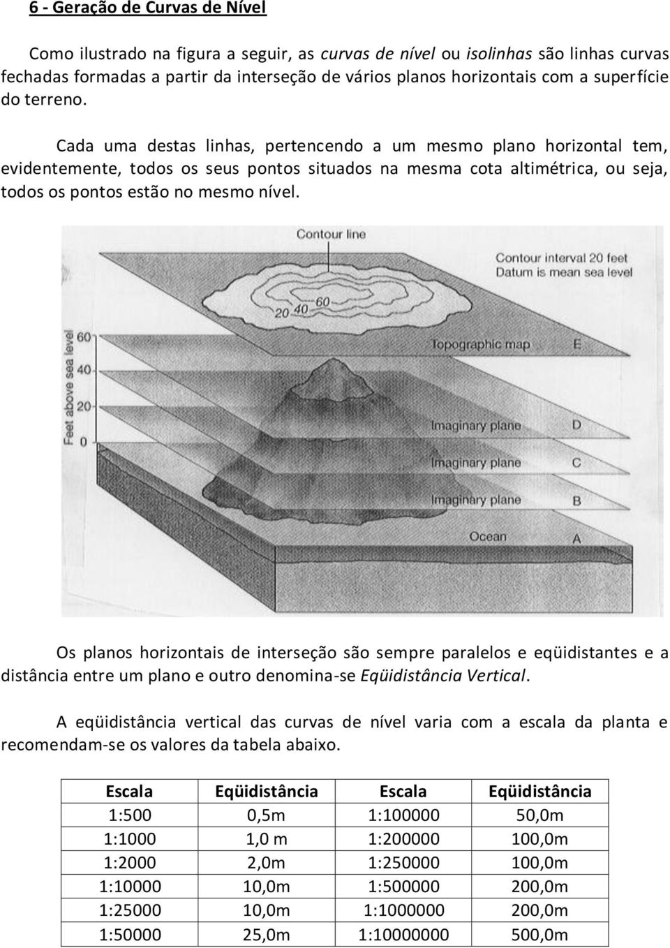 Cada uma destas linhas, pertencendo a um mesmo plano horizontal tem, evidentemente, todos os seus pontos situados na mesma cota altimétrica, ou seja, todos os pontos estão no mesmo nível.