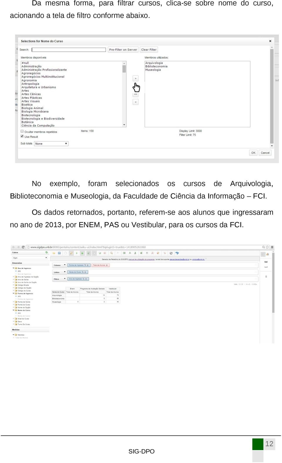 No exemplo, foram selecionados os cursos de Arquivologia, Biblioteconomia e Museologia, da