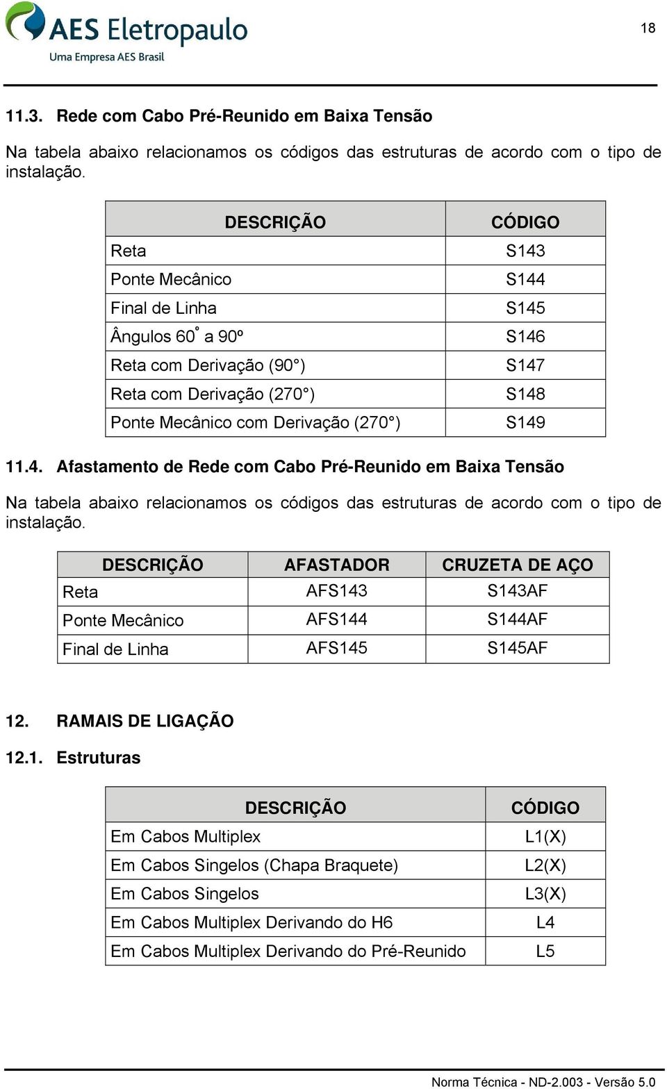 S144 S145 S146 S147 S148 S149 11.4. Afastamento de Rede com Cabo Pré-Reunido em Baixa Tensão Na tabela abaixo relacionamos os códigos das estruturas de acordo com o tipo de instalação.