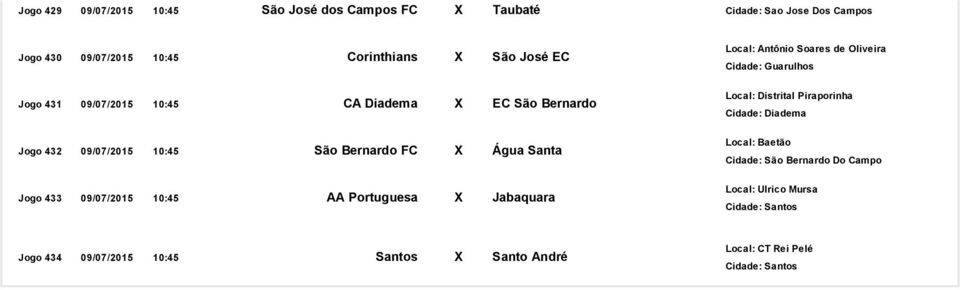 09/07/2015 10:45 São Bernardo FC X Água Santa Jogo 433 09/07/2015 10:45 AA Portuguesa X