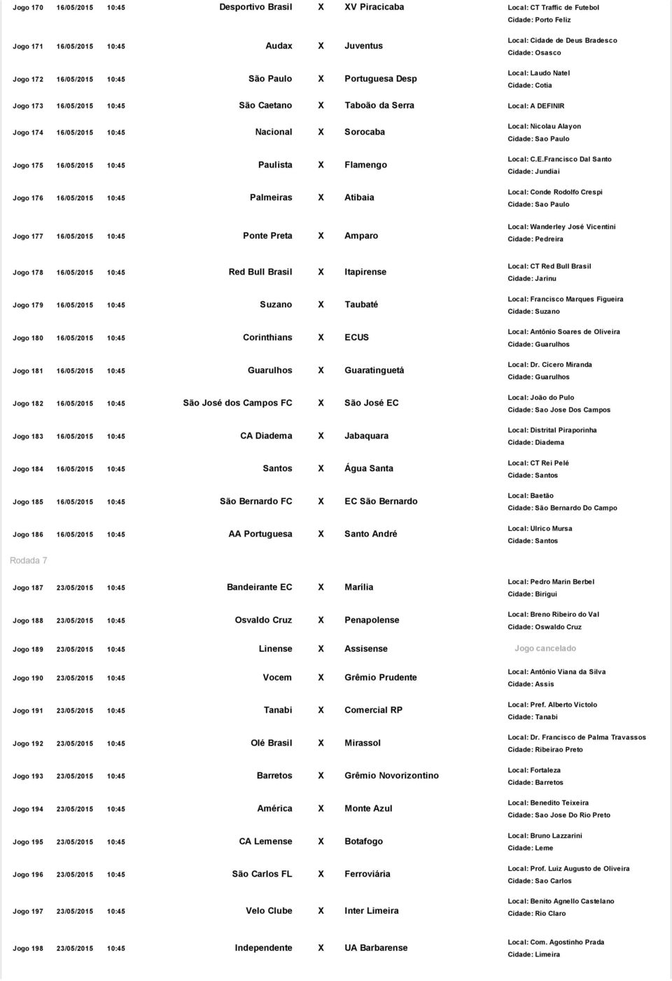 Nacional X Sorocaba Jogo 175 16/05/2015 10:45 Paulista X Flamengo Jogo 176 16/05/2015 10:45 Palmeiras X Atibaia Local: Nicolau Alayon Local: C.E.