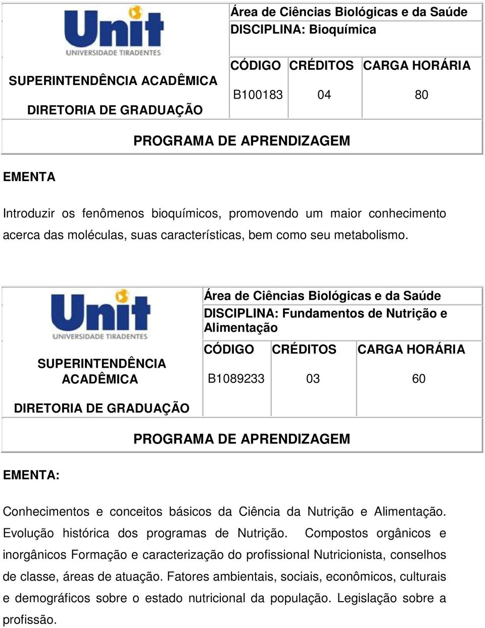 SUPERINTENDÊNCIA ACADÊMICA DISCIPLINA: Fundamentos de Nutrição e Alimentação B1089233 03 60 : Conhecimentos e conceitos básicos da Ciência da Nutrição e