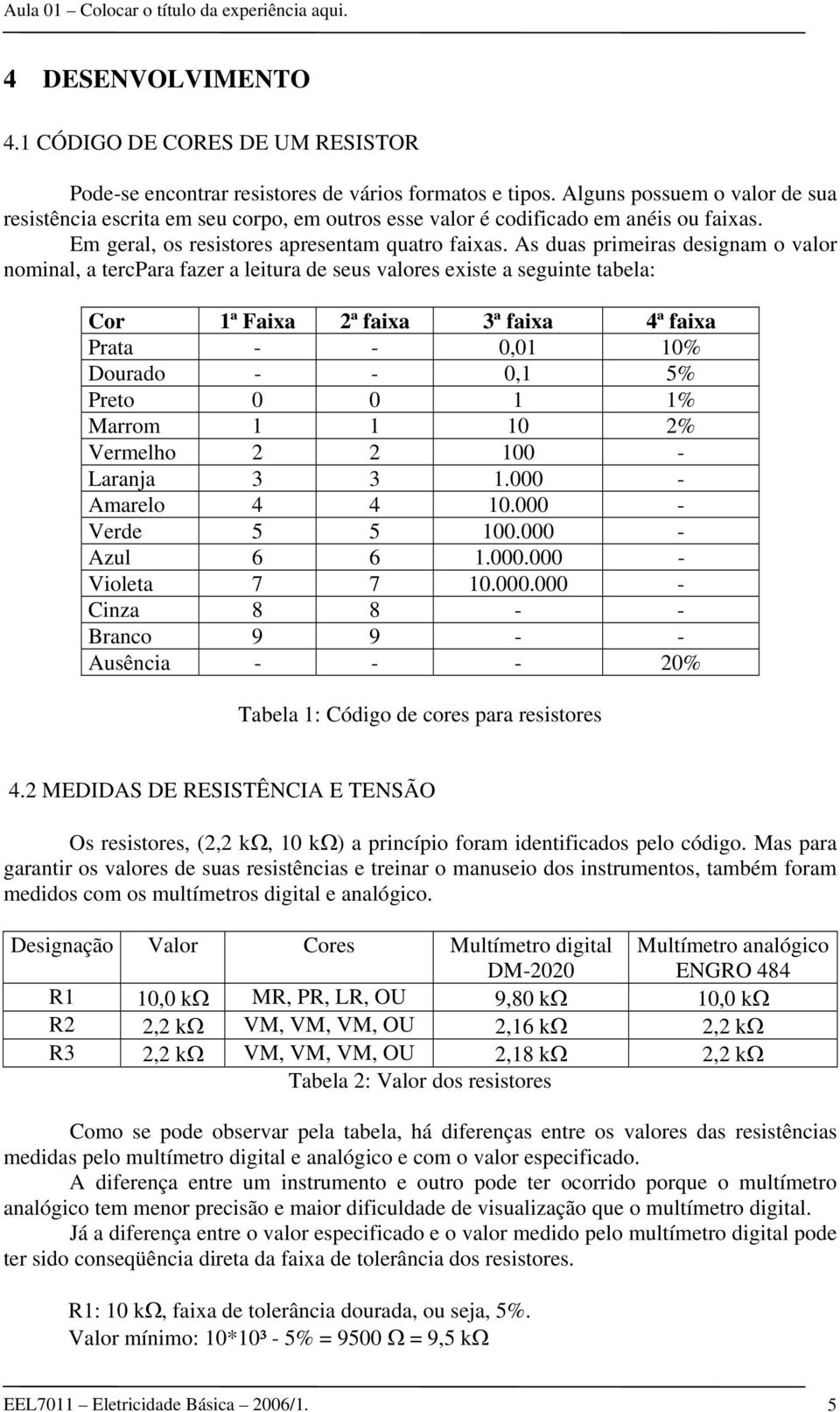 As duas primeiras designam o valor nominal, a tercpara fazer a leitura de seus valores existe a seguinte tabela: Cor 1ª Faixa 2ª faixa 3ª faixa 4ª faixa Prata - - 0,01 10% Dourado - - 0,1 5% Preto 0