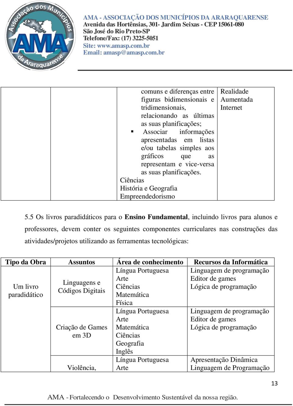 5 Os livros paradidáticos para o Ensino Fundamental, incluindo livros para alunos e professores, devem conter os seguintes componentes curriculares nas construções das atividades/projetos utilizando