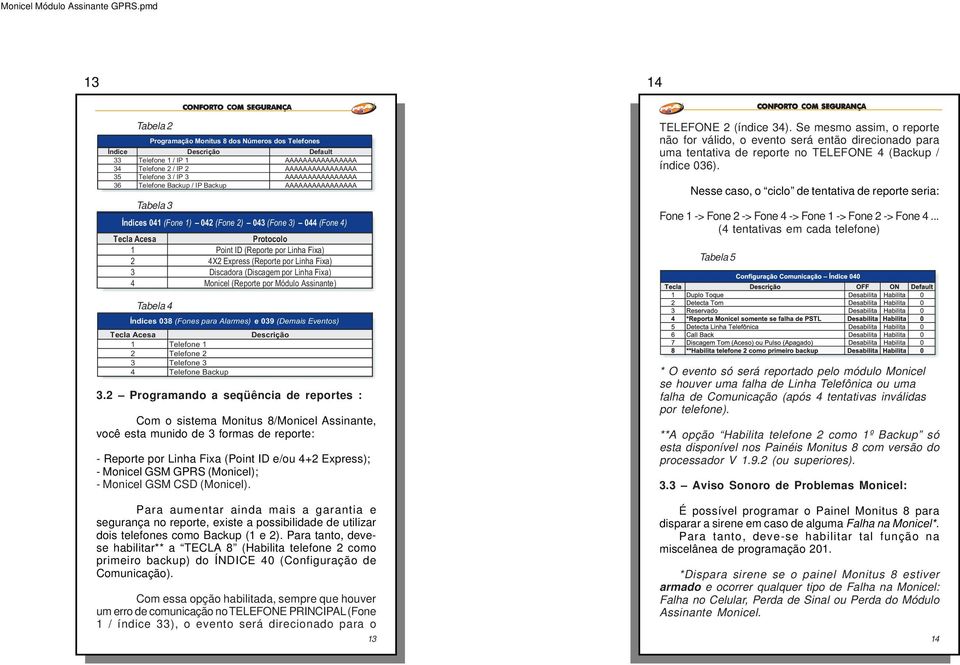 Express (Reporte por Linha Fixa) 3 Discadora (Discagem por Linha Fixa) 4 Monicel (Reporte por Módulo Assinante) Índices 038 (Fones para Alarmes) e039(demais Eventos) Tecla Acesa 1 Telefone 1 2