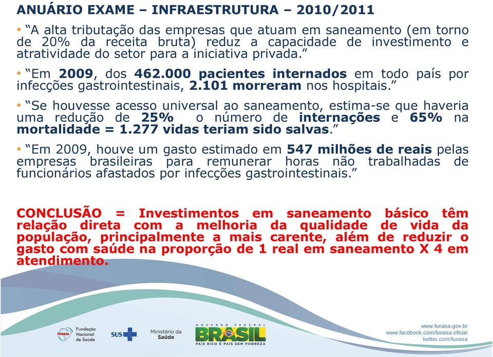 Se houvesse acesso universal ao saneamento, estima-se que haveria uma redução de 25% o número de internações e 65% na mortalidade = 1.277 vidas teriam sido salvas.