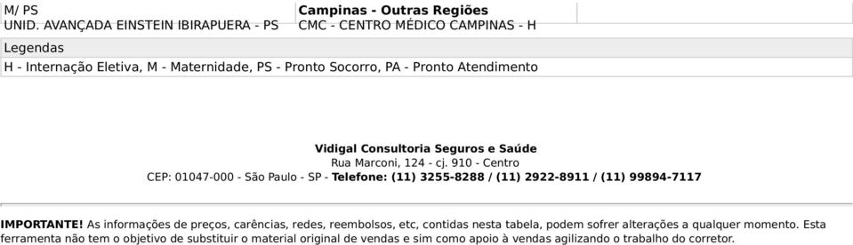 910 - Centro CEP: 01047-000 - São Paulo - SP - Telefone: (11) 3255-8288 / (11) 2922-8911 / (11) 99894-7117 IMPORTANTE!