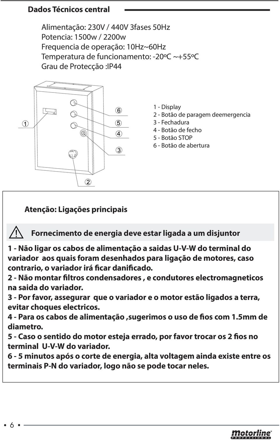 ligar os cabos de alimentação a saidas U-V-W do terminal do variador aos quais foram desenhados para ligação de motores, caso contrario, o variador irá ficar danificado.