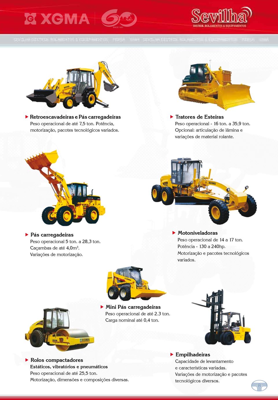 Motoniveladoras Peso operacional de 14 a 17 ton. Potência - 130 a 240hp. Motorização e pacotes tecnológicos variados. Mini Pás carregadeiras Peso operacional de até 2.3 ton. Carga nominal até 0,4 ton.