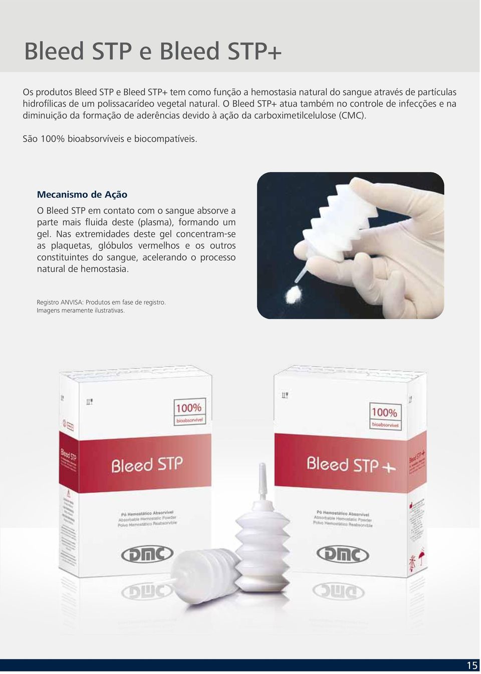 São 100% bioabsorvíveis e biocompatíveis. Mecanismo de Ação O Bleed STP em contato com o sangue absorve a parte mais fluida deste (plasma), formando um gel.