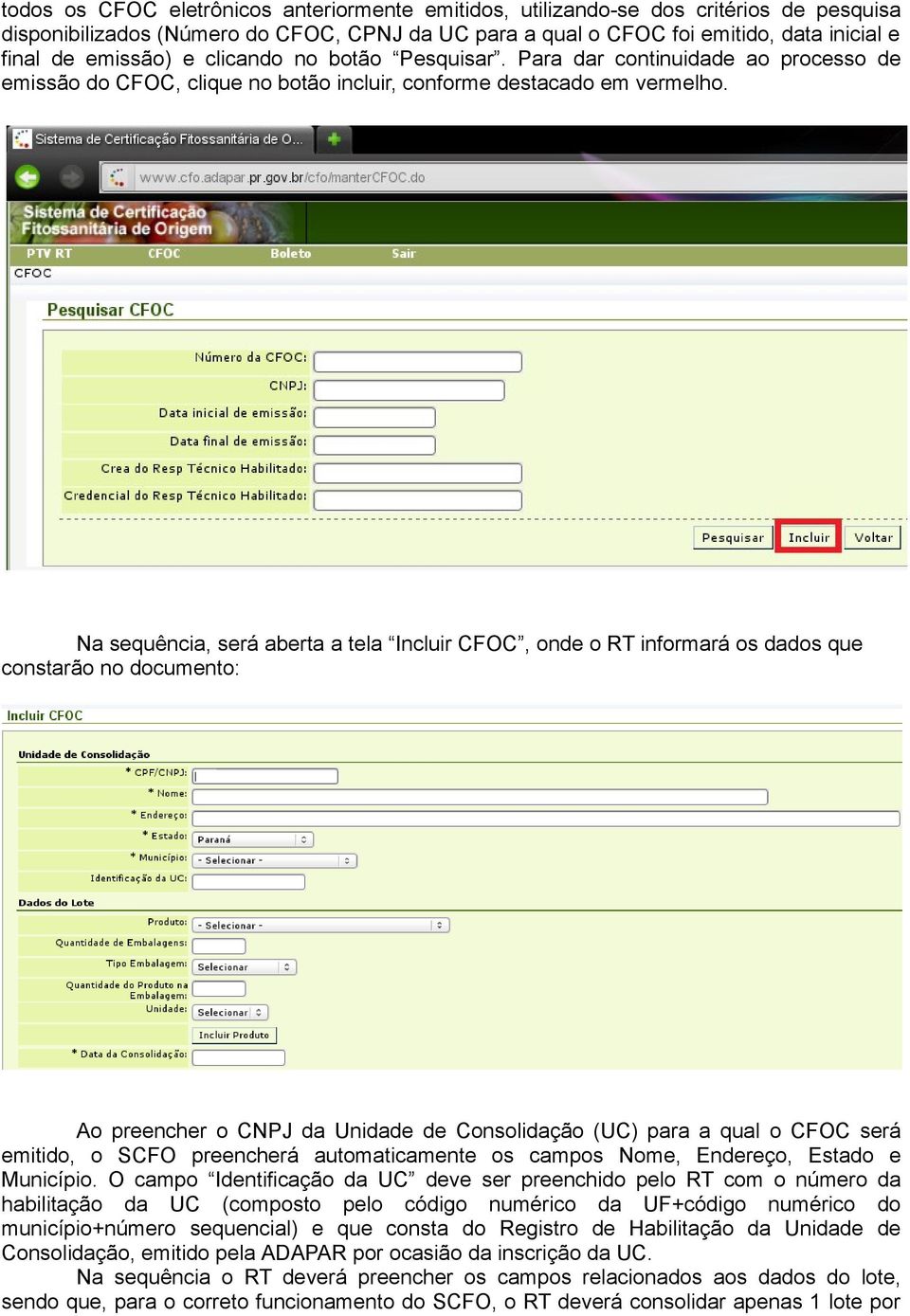 Na sequência, será aberta a tela Incluir CFOC, onde o RT informará os dados que constarão no documento: Ao preencher o CNPJ da Unidade de Consolidação (UC) para a qual o CFOC será emitido, o SCFO