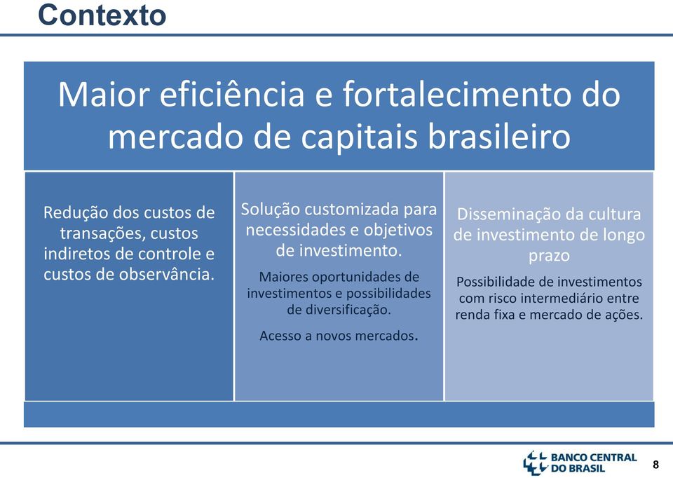 Maiores oportunidades de investimentos e possibilidades de diversificação. Acesso a novos mercados.