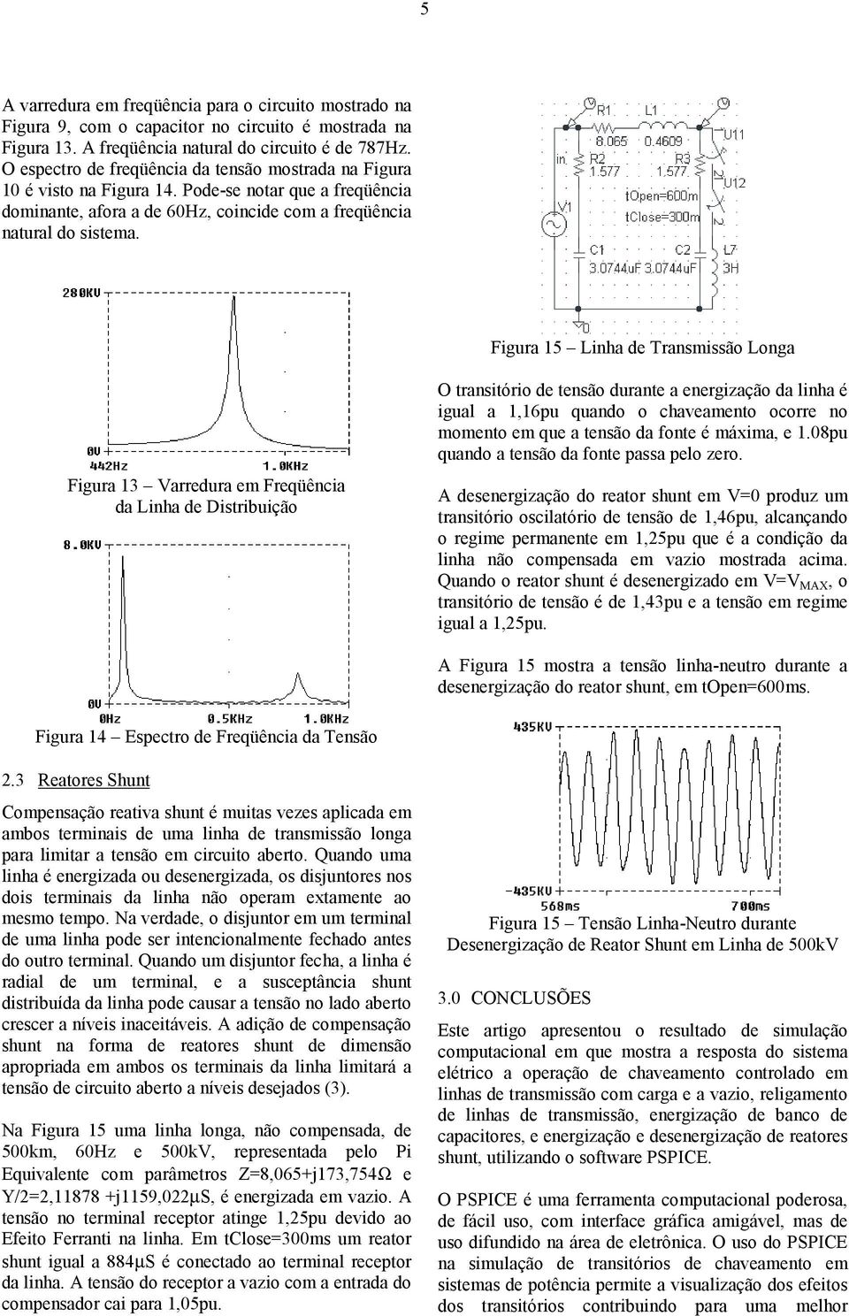 Figura 15 Linha de Transmissão Longa Figura 13 Varredura em Freqüência da Linha de Distribuição O transitório de tensão durante a energização da linha é igual a 1,16pu quando o chaveamento ocorre no