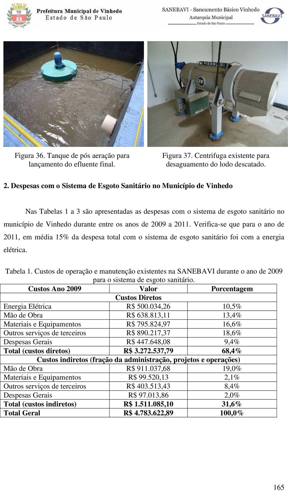 2009 a 2011. Verifica-se que para o ano de 2011, em média 15% da despesa total com o sistema de esgoto sanitário foi com a energia elétrica. Tabela 1.