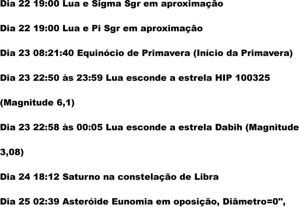 estrela HIP 100325 (Magnitude 6,1) Dia 23 22:58 às 00:05 Lua esconde a estrela Dabih (Magnitude