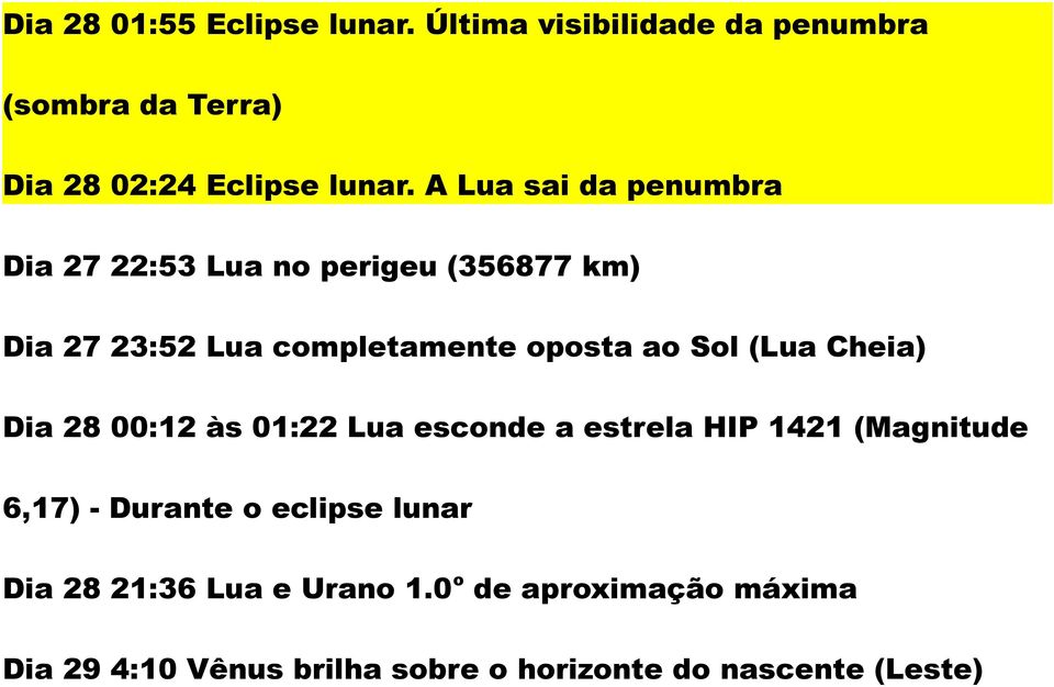 (Lua Cheia) Dia 28 00:12 às 01:22 Lua esconde a estrela HIP 1421 (Magnitude 6,17) - Durante o eclipse lunar