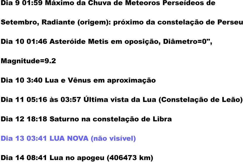 2 Dia 10 3:40 Lua e Vênus em aproximação Dia 11 05:16 às 03:57 Última vista da Lua (Constelação de