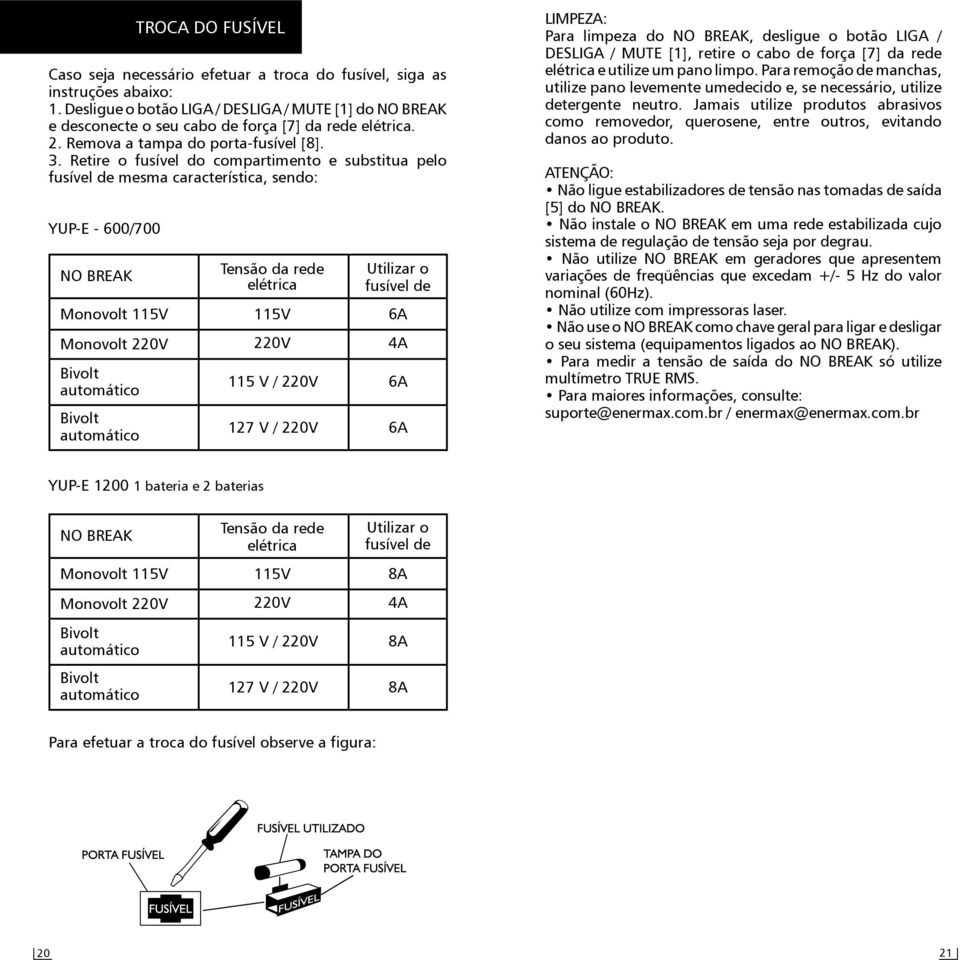 Retire o fusível do compartimento e substitua pelo fusível de mesma característica, sendo: YUP-E - 600/700 NO BREAK Monovolt 115V Monovolt 220V Bivolt automático Bivolt automático TROCA DO FUSÍVEL