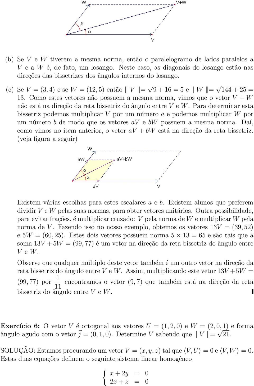 Como estes vetores não possuem a mesma norma, vimos que o vetor V + W não está na direção da reta bissetriz do ângulo entre V e W.