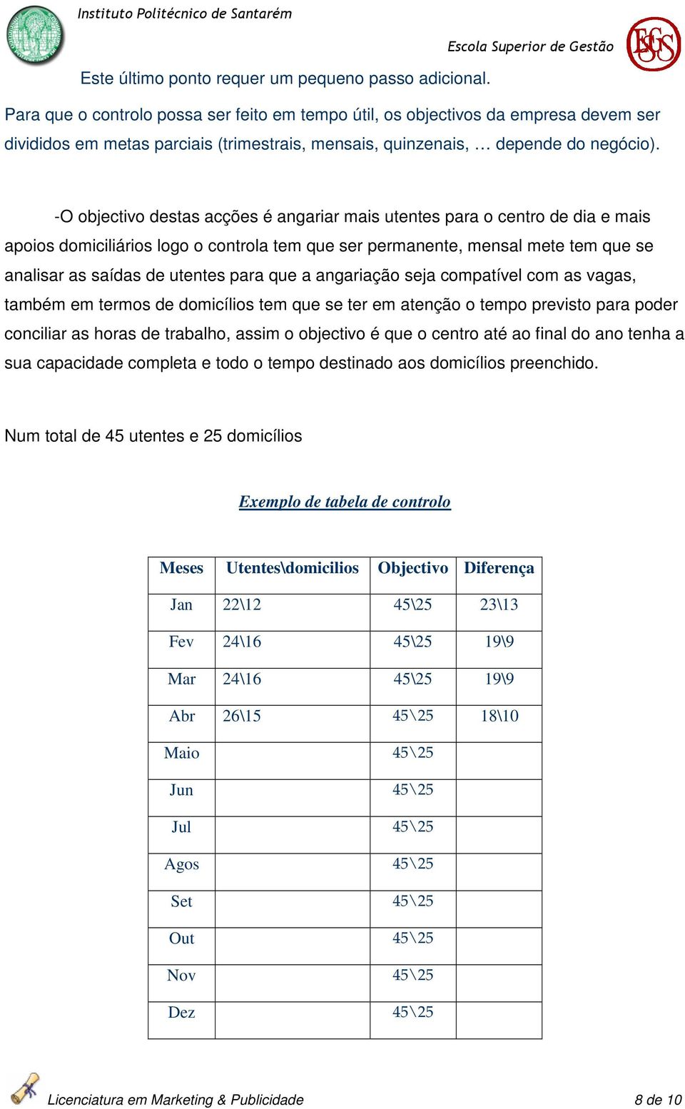 -O objectivo destas acções é angariar mais utentes para o centro de dia e mais apoios domiciliários logo o controla tem que ser permanente, mensal mete tem que se analisar as saídas de utentes para