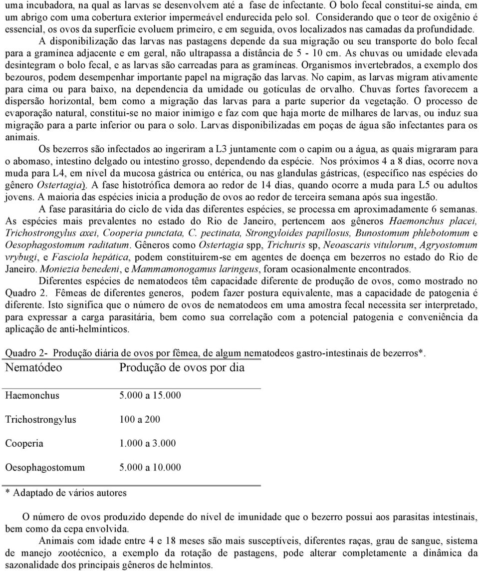 A disponibilização das larvas nas pastagens depende da sua migração ou seu transporte do bolo fecal para a gramínea adjacente e em geral, não ultrapassa a distância de 5-1 cm.