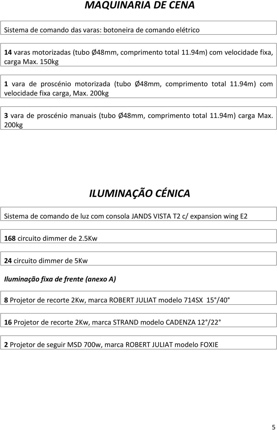 94m) carga Max. 200kg ILUMINAÇÃO CÉNICA Sistema de comando de luz com consola JANDS VISTA T2 c/ expansion wing E2 168 circuito dimmer de 2.