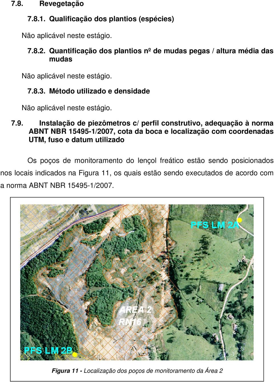 Instalação de piezômetros c/ perfil construtivo, adequação à norma ABNT NBR 15495-1/2007, cota da boca e localização com coordenadas UTM, fuso e datum utilizado Os