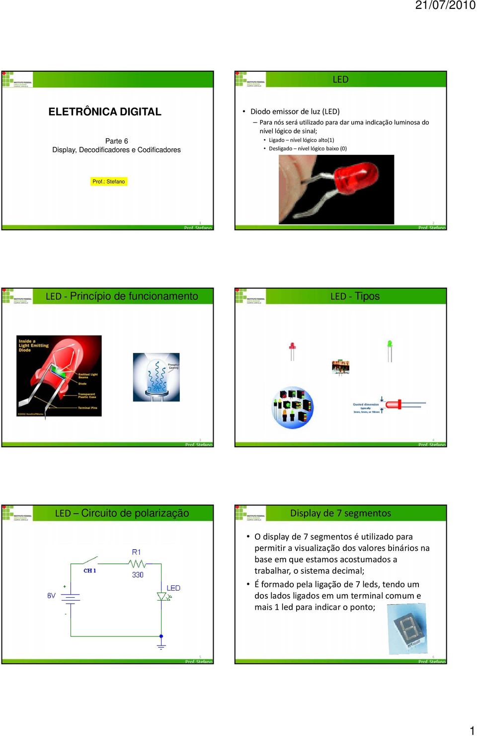 Stefano 2 LED Princípio de funcionamento LED Tipos 3 4 LED Circuito de polarização Display de 7 segmentos O display de 7 segmentos é utilizado para permitir a