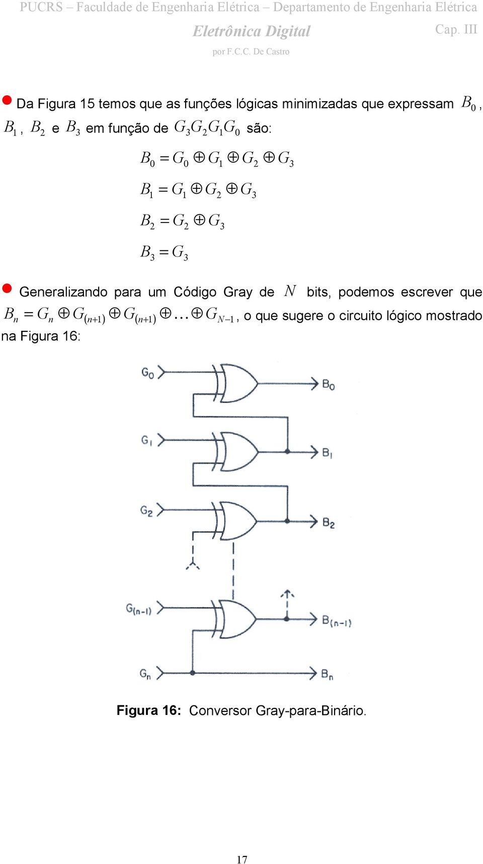 para um Código Gray de N bits, podemos escrever que B G G G " G, o que sugere o circuito
