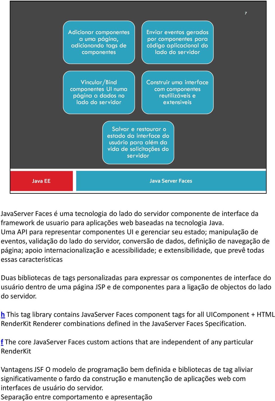 acessibilidade; e extensibilidade, que prevê todas essas características Duasbibliotecas de tagspersonalizadas para expressar os componentes de interface do usuário dentro de uma página JSP e de