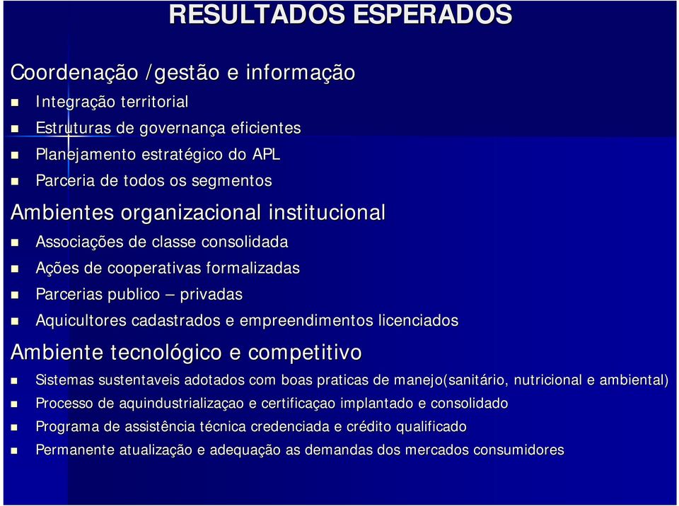 licenciados Ambiente tecnológico e competitivo Sistemas sustentaveis adotados com boas praticas de manejo(sanitário, nutricional e ambiental) Processo de aquindustrializaçao ao e