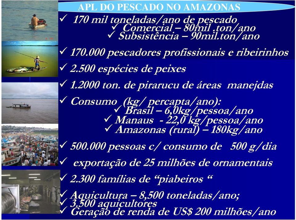 de pirarucu de áreas manejdas Consumo (kg/ percapta/ano): Brasil 6,0kg/pessoa/ano Manaus - 22,0 kg/pessoa/ano Amazonas (rural)