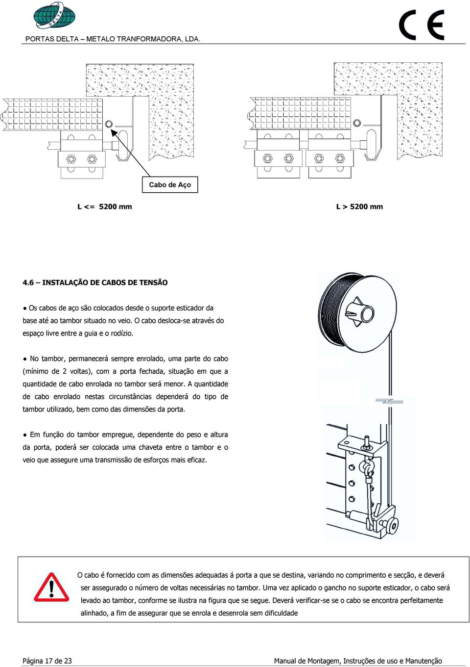 No tambor, permanecerá sempre enrolado, uma parte do cabo (mínimo de 2 voltas), com a porta fechada, situação em que a quantidade de cabo enrolada no tambor será menor.