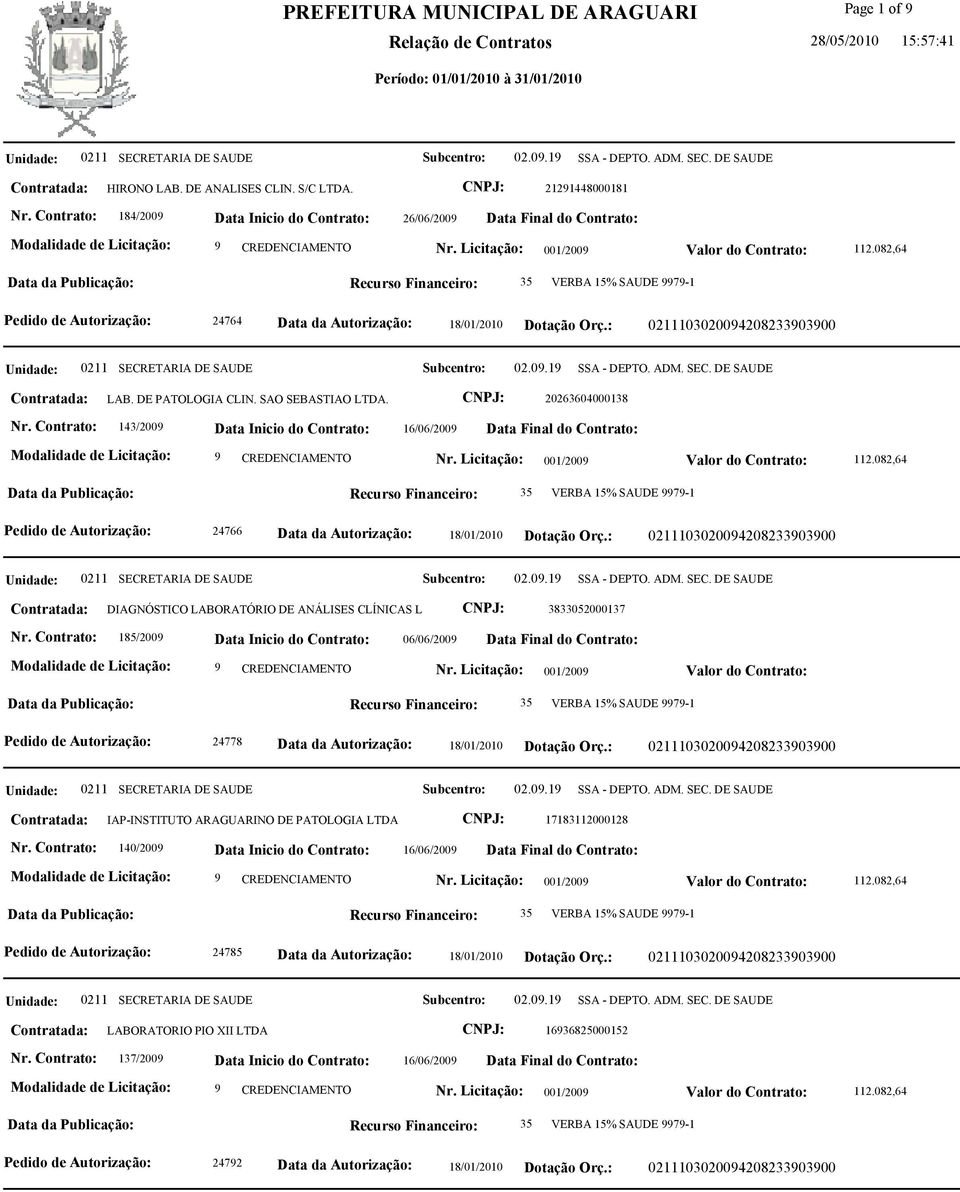 082,64 Pedido de Autorização: 24766 Contratada: DIAGNÓSTICO LABORATÓRIO DE ANÁLISES CLÍNICAS L CNPJ: 3833052000137 Nr.