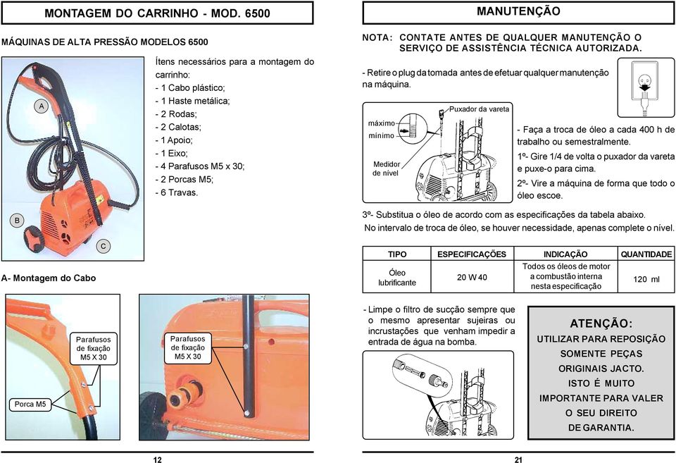 - 2 Porcas M5; - 6 Travas. B NOTA: MANUTENÇÃO CONTATE ANTES DE QUALQUER MANUTENÇÃO O SERVIÇO DE ASSISTÊNCIA TÉCNICA AUTORIZADA.