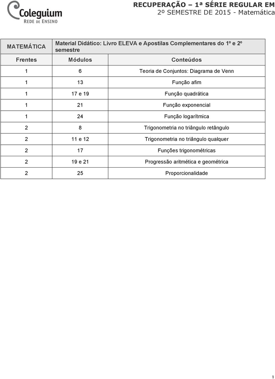 9 Função quadrática 2 Função exponencial 24 Função logarítmica 2 8 Trigonometria no triângulo retângulo 2 e 2