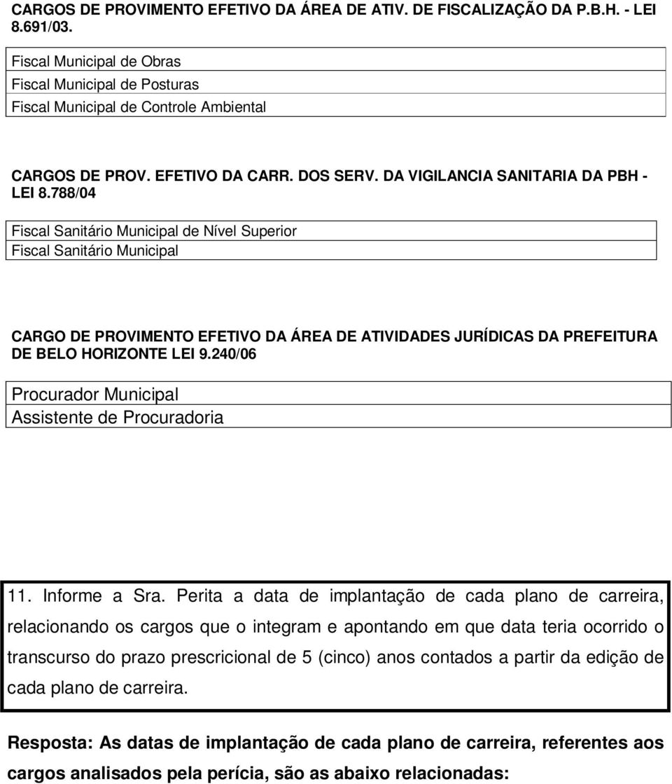 788/04 Fiscal Sanitário Municipal de Nível Superior Fiscal Sanitário Municipal CARGO DE PROVIMENTO EFETIVO DA ÁREA DE ATIVIDADES JURÍDICAS DA PREFEITURA DE BELO HORIZONTE LEI 9.