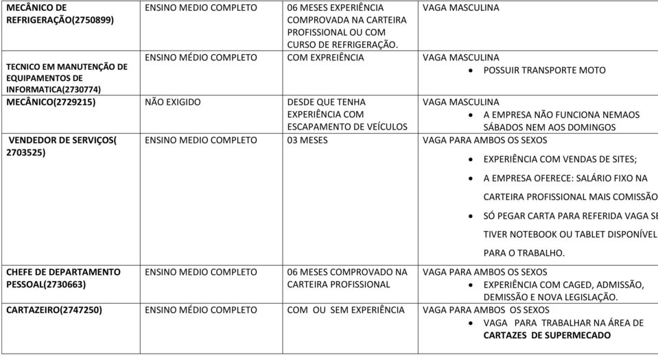 VAGA MASCULINA COM EXPREIÊNCIA VAGA MASCULINA POSSUIR TRANSPORTE MOTO MECÂNICO(2729215) NÃO EXIGIDO DESDE QUE TENHA EXPERIÊNCIA COM DE SERVIÇOS( 2703525) VAGA MASCULINA A EMPRESA NÃO FUNCIONA NEMAOS