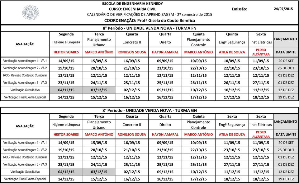 09/09/15 Engª Segurança Inst Elétricas 8 Período - UNIDADE VENDA NOVA - TURMA GN Higiene e Limpeza