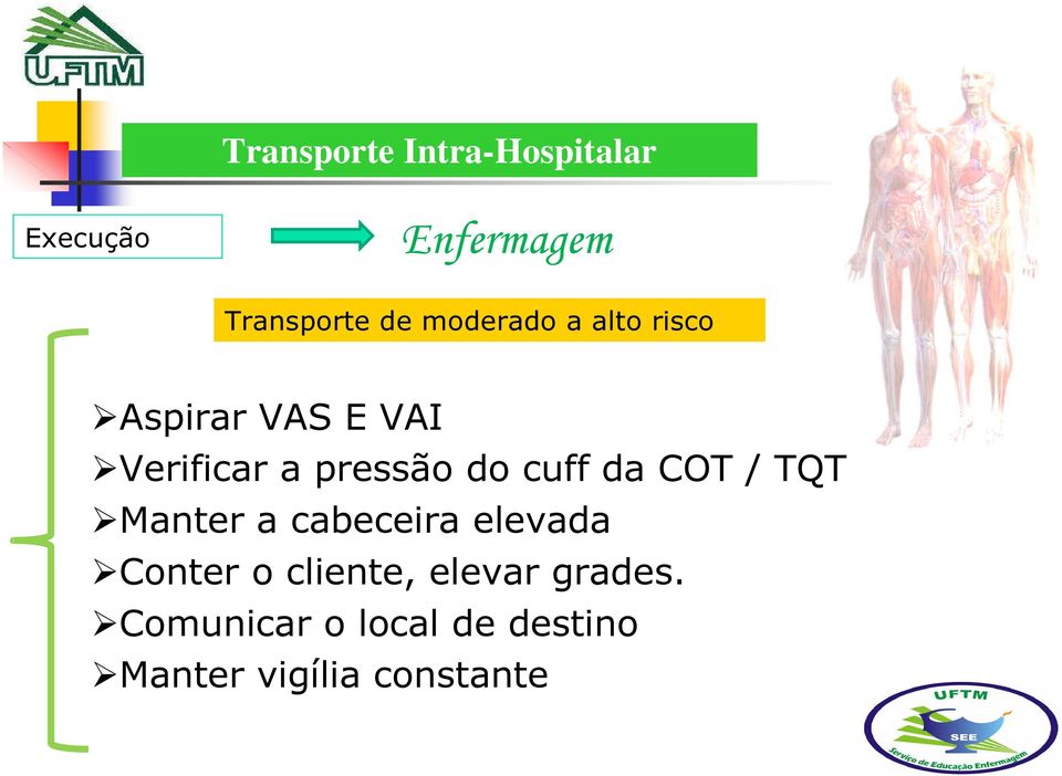 TQT Manter a cabeceira elevada Conter o cliente, elevar