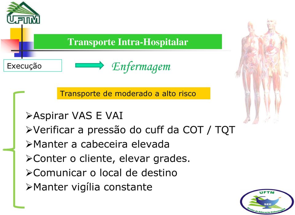 TQT Manter a cabeceira elevada Conter o cliente, elevar