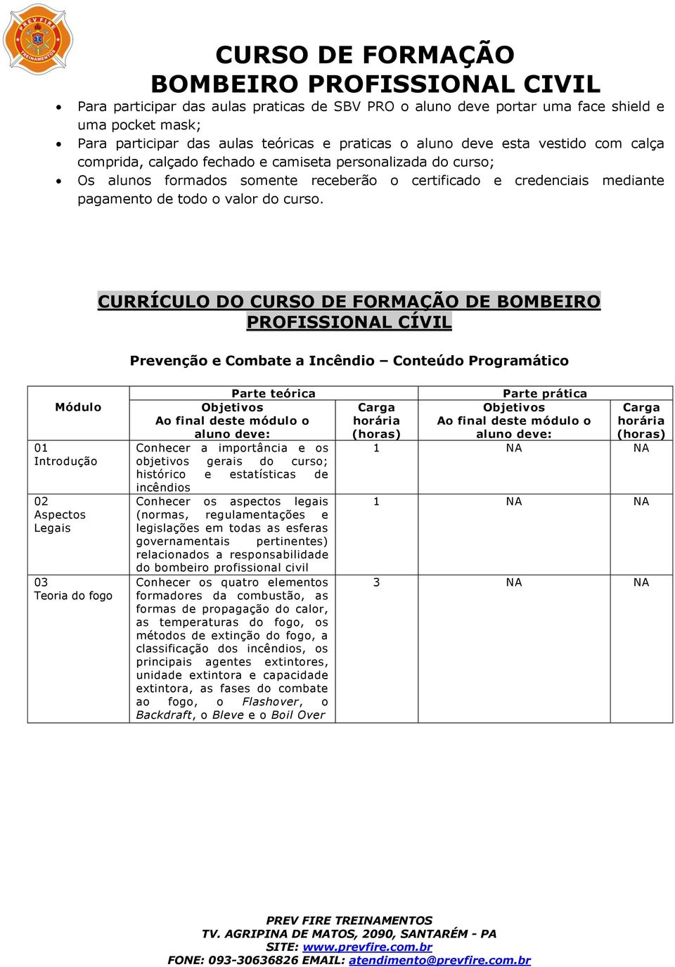 CURRÍCULO DO CURSO DE FORMAÇÃO DE BOMBEIRO PROFISSIONAL CÍVIL Prevenção e Combate a Incêndio Conteúdo Programático Introdução 02 Aspectos Legais 03 Teoria do fogo Parte teórica Conhecer a importância